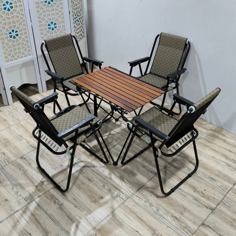 ست صندلی ساحلی تاشو 9 فنر و میز چوب طبیعی